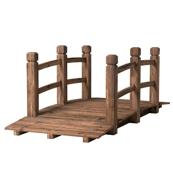 Gymax 5FT Garden Wooden Bridge Safety Rails Backyard Pond Decor Brown