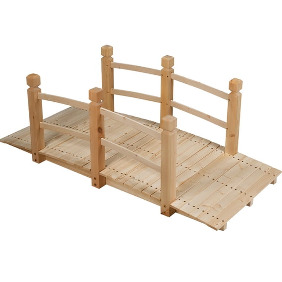 Gymax 5Ft Garden Wooden Bridge Decoration Backyard Pond w/ Safety Rails Natural