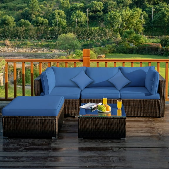 Gymax 5PC Rattan Patio Conversation Set Outdoor Furniture Set w/ Ottoman Cushion