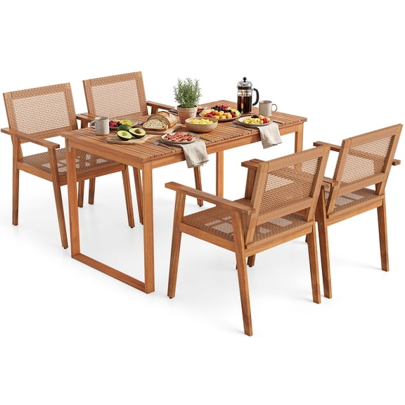 Gymax 5PCS Acacia Wood Dining Set Outdoor Table & Rattan Chairs for Balcony Poolside