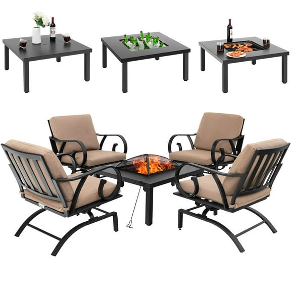 Gymax 5PCS Cushioned Patio Dining Set Heavy-Duty Rocking Chairs with 4-in-1 Fire Pit Table