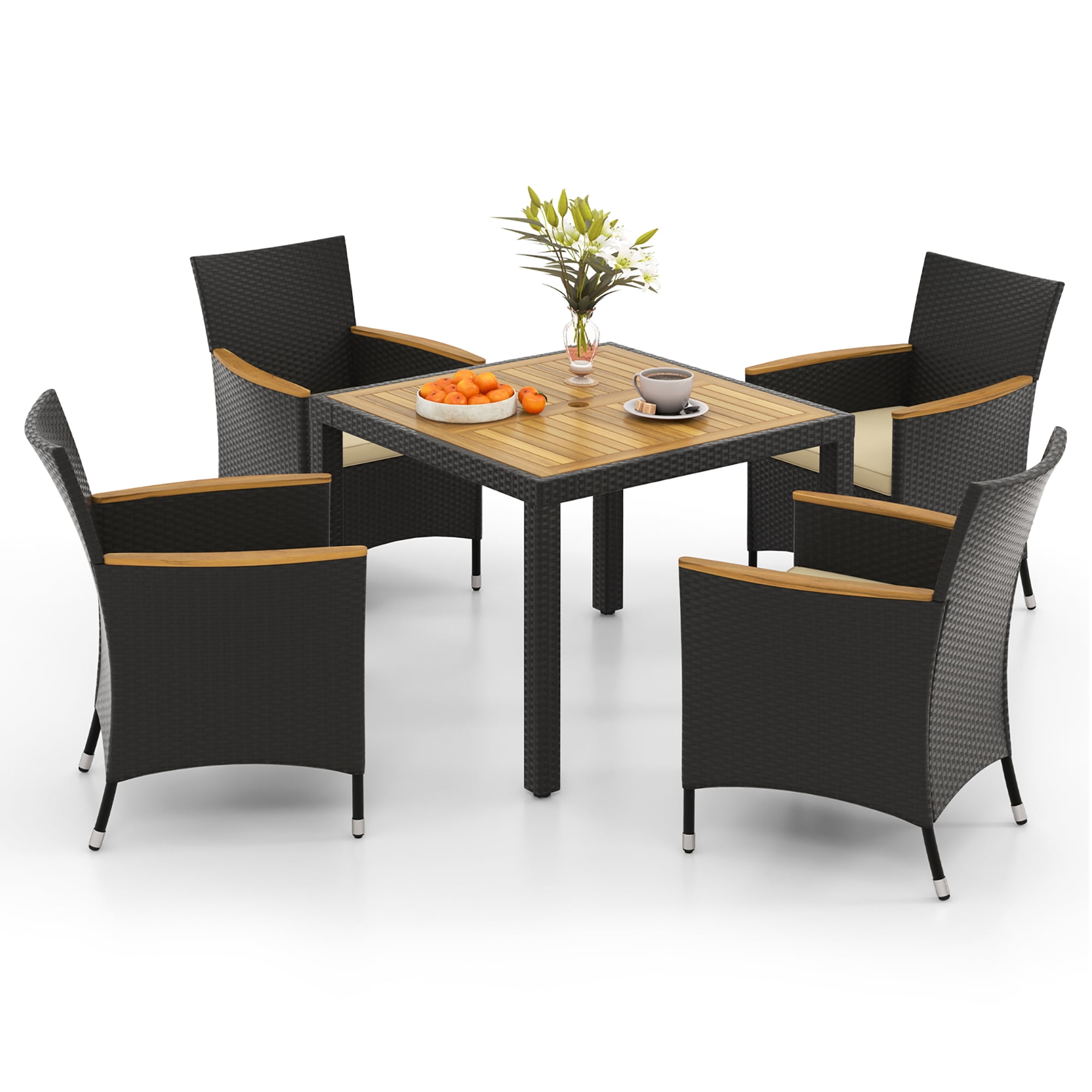 Black and Brown Acacia Wood Rattan Patio Dining Set for Four