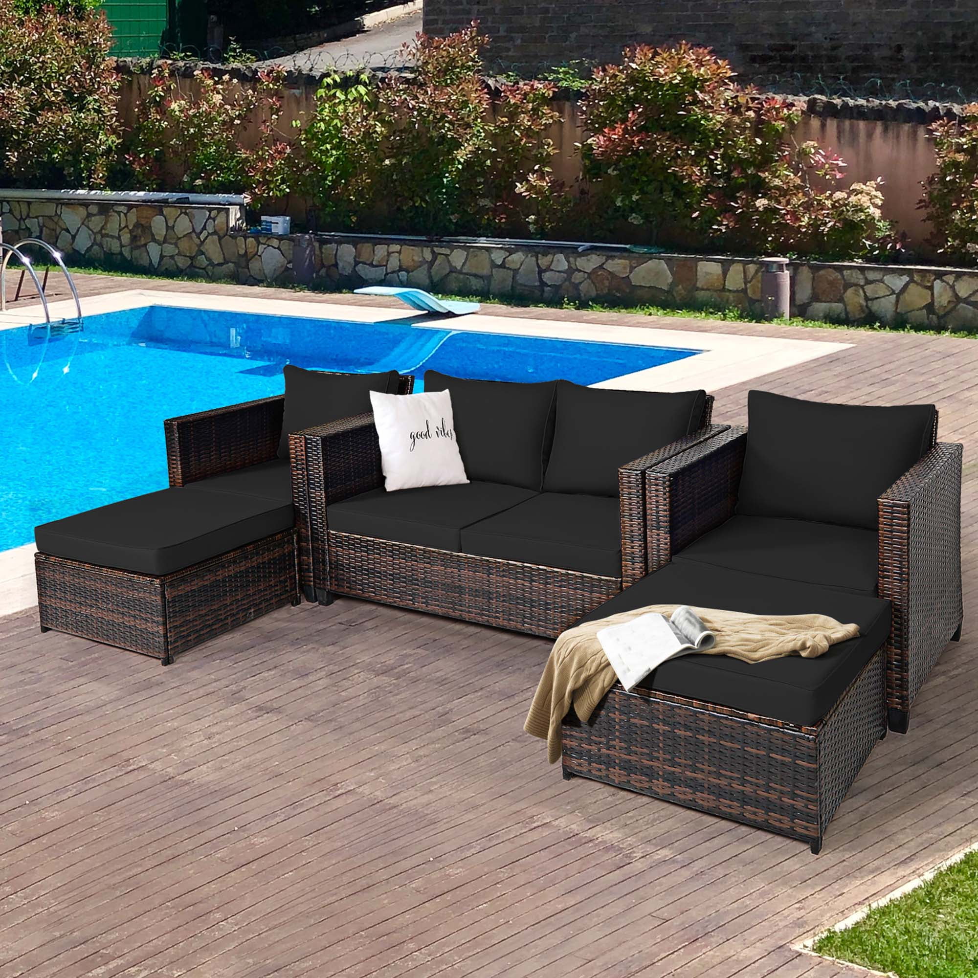 Gymax 5PCS Outdoor Patio Rattan Conversation Sofa Furniture Set w/ Black Cushions