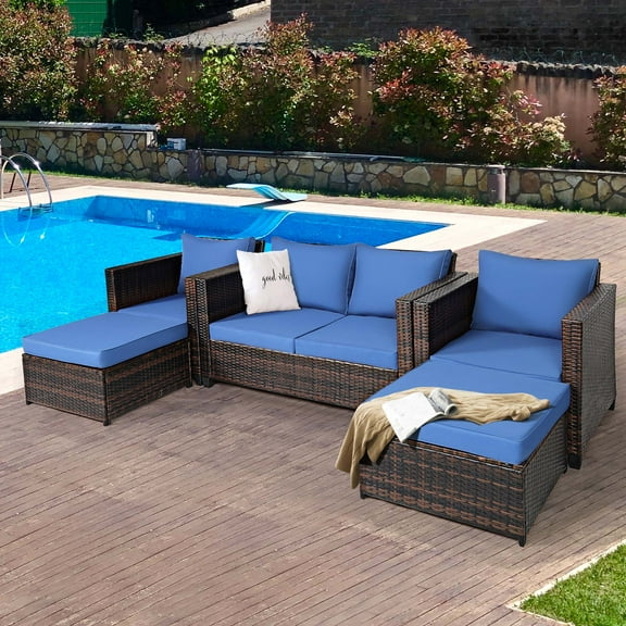 Gymax 5PCS Outdoor Patio Rattan Conversation Sofa Furniture Set w/ Navy Cushions