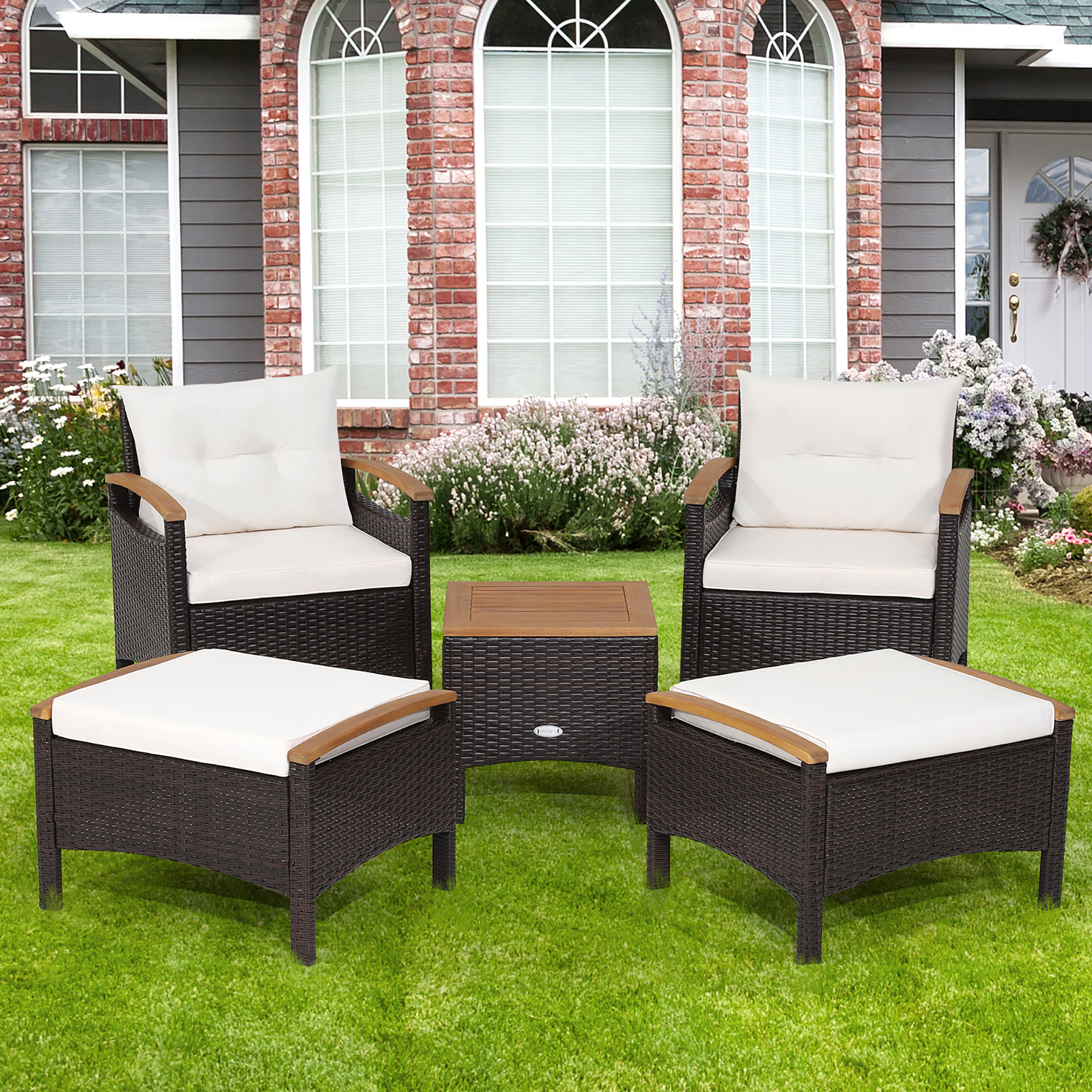 Gymax 5PCS Outdoor Patio Rattan Furniture Set PE Wicker Lounge Chair w/ Wood Tabletop - image 1 of 10