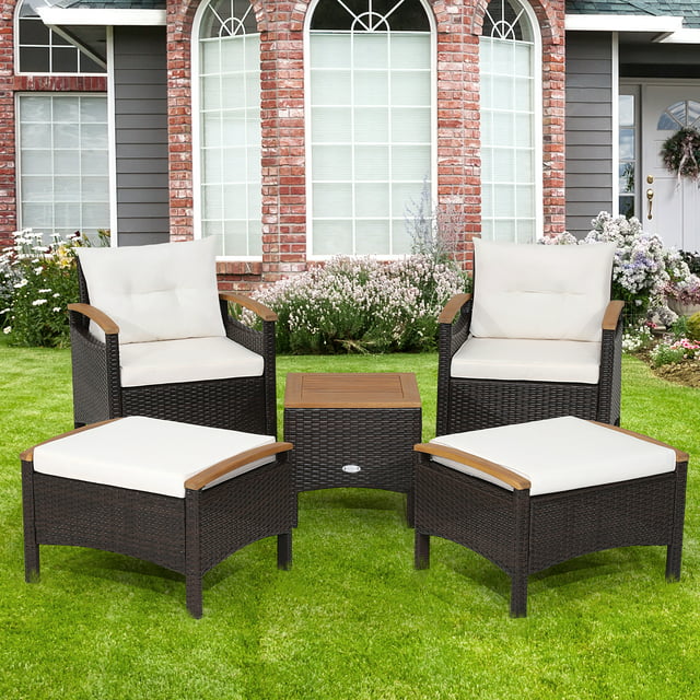Gymax 5PCS Outdoor Patio Rattan Furniture Set PE Wicker Lounge Chair w/ Wood Tabletop