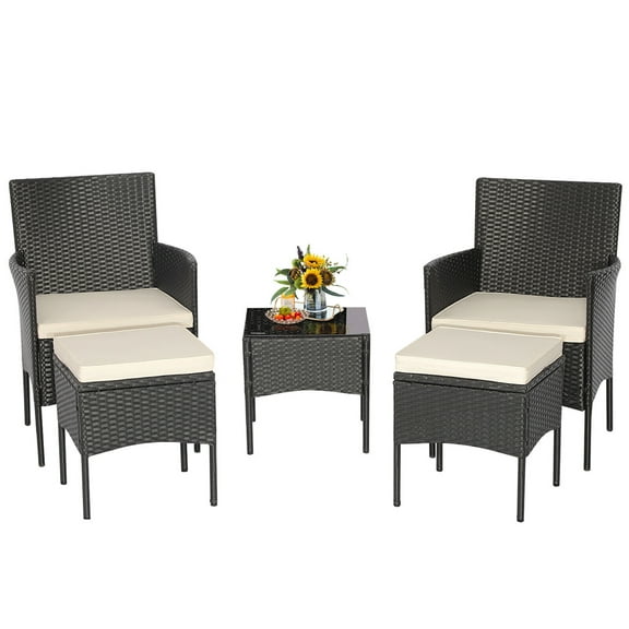 Gymax 5PCS Outdoor Rattan Wicker Sofa Set Patio Conversation Set w/ 2 Ottomans
