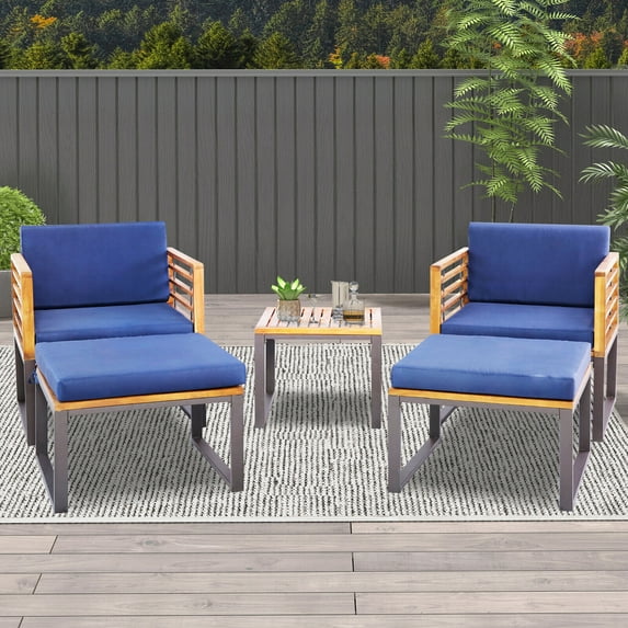 Gymax 5PCS Patio Acacia Wood Chair & Ottoman Set Outdoor Furniture Set w/ Navy Cushions