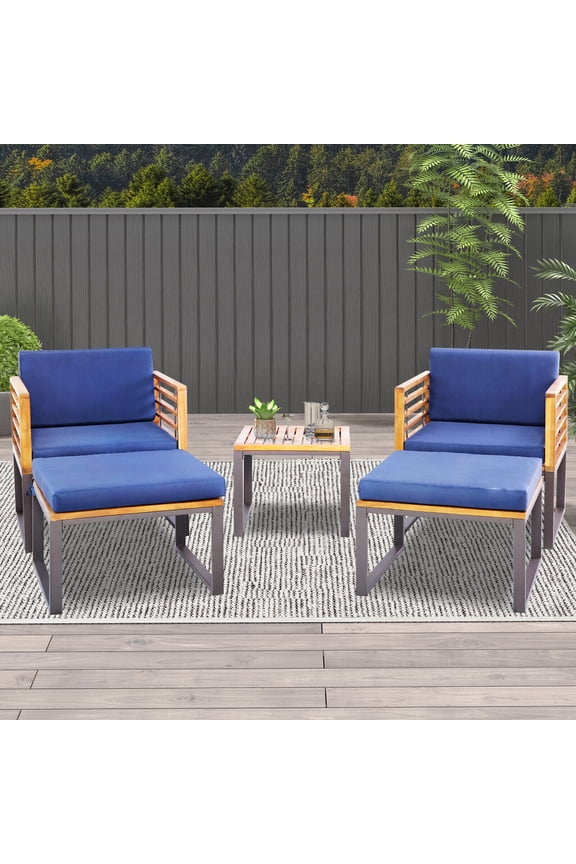 5PCS Patio Acacia Wood Chair & Ottoman Set Outdoor Furniture Set w/ Navy Cushions
