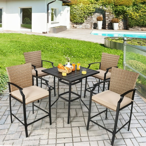 Gymax 5PCS Patio Bar Stool & Table Set Outdoor Bistro Furniture Set w/ Cushions
