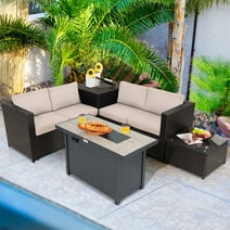 Gymax 5PCS Patio Rattan Furniture Set Fire Pit Table w/ Cover Storage Cushion Beige