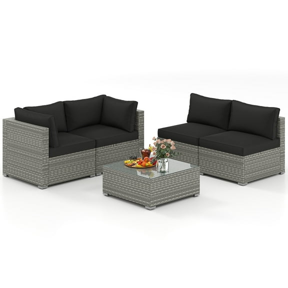 Gymax 5PCS Patio Sectional Sofa Couch PE Rattan Conversation Set Outdoor Black