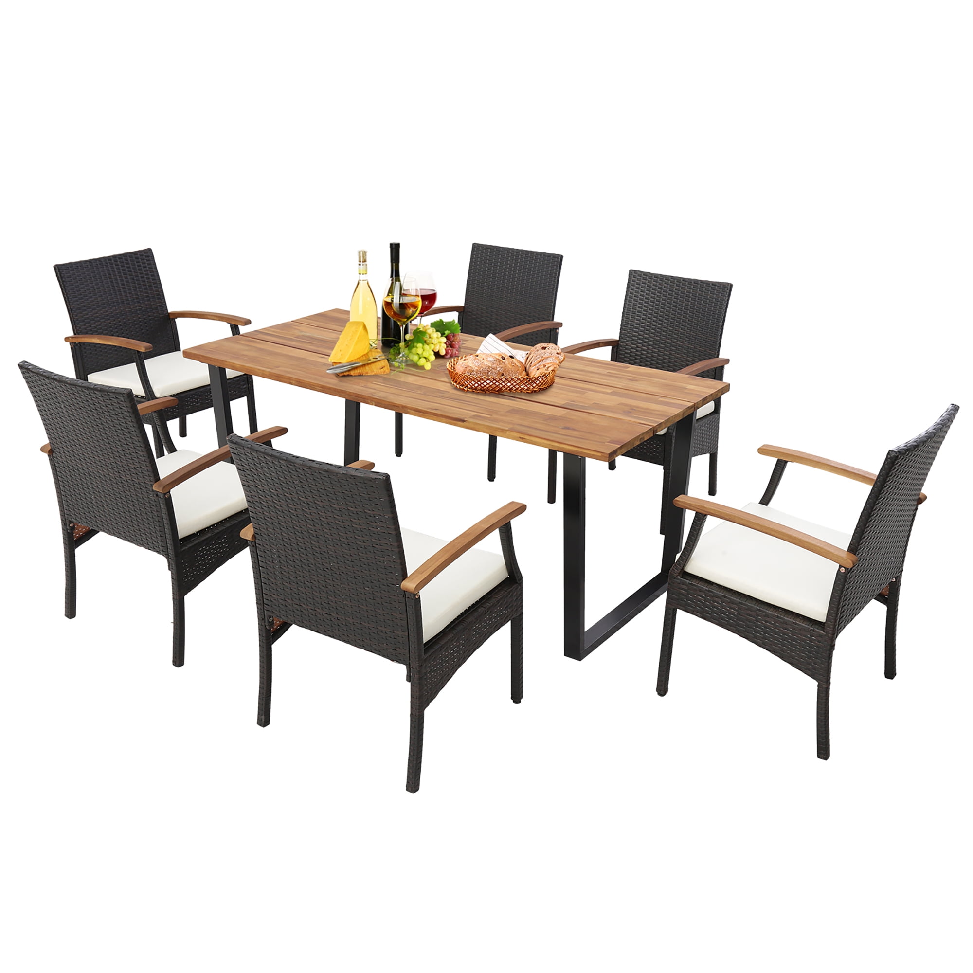 Gymax 5PCS Rattan Dining Set Acacia Wood Table 4 Wicker Chairs w ...