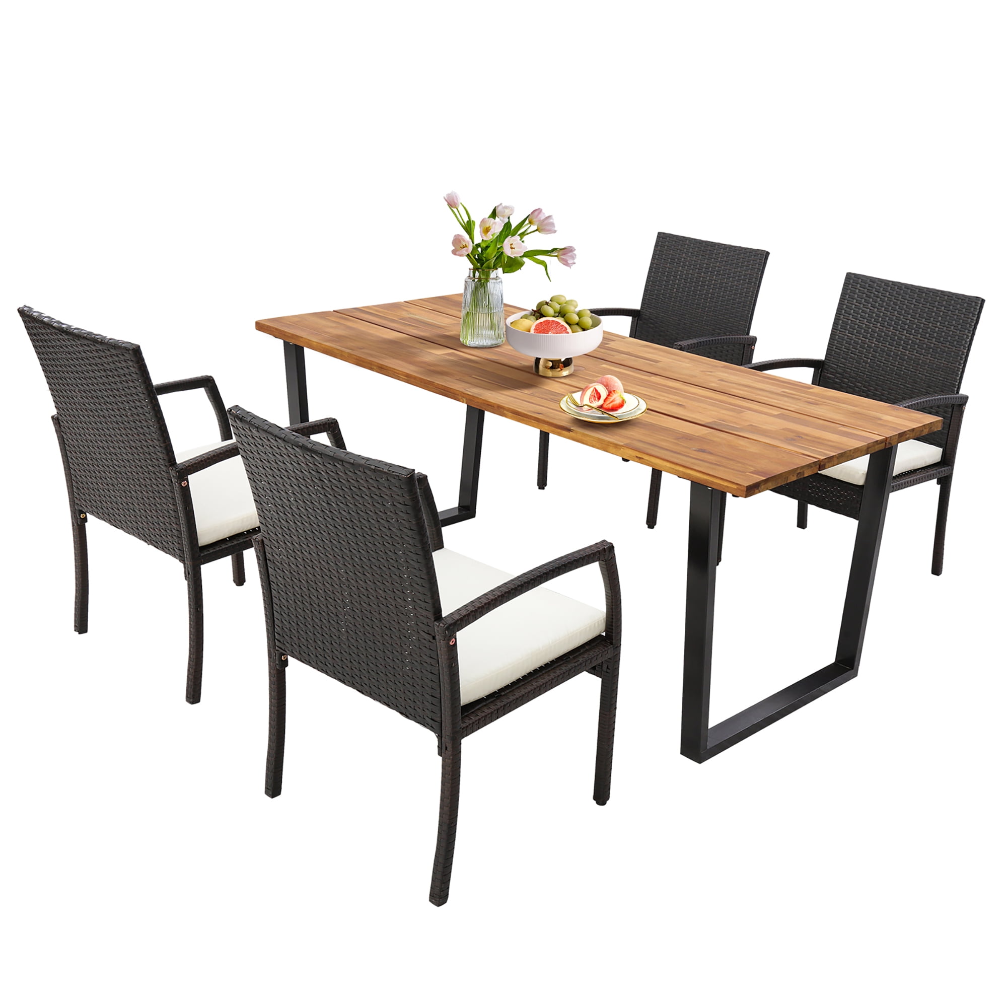 Gymax 5PCS Rattan Dining Set Acacia Wood Table 4 Wicker Chairs w ...