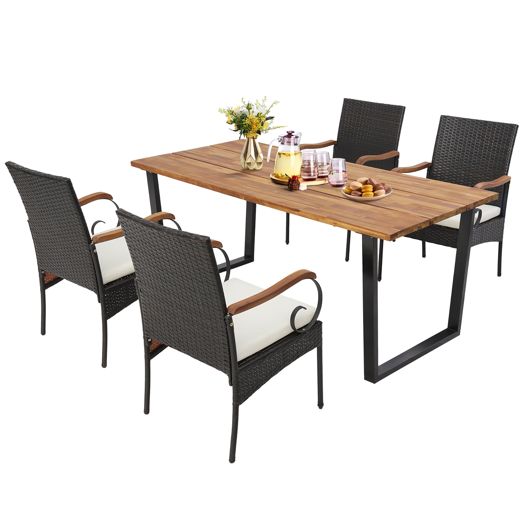 Gymax 5PCS Rattan Dining Set Acacia Wood Table 4 Wicker Chairs w ...