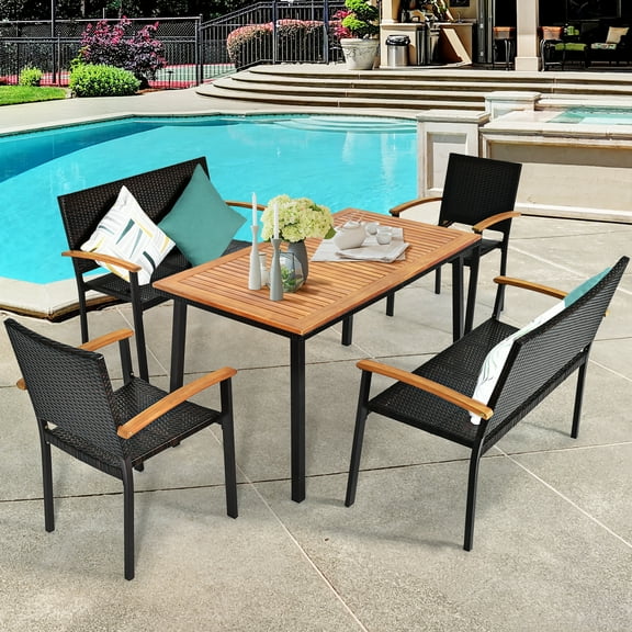 Gymax 5PCS Rattan Outdoor Dining Set Patio Furniture Set w/ Wooden Tabletop
