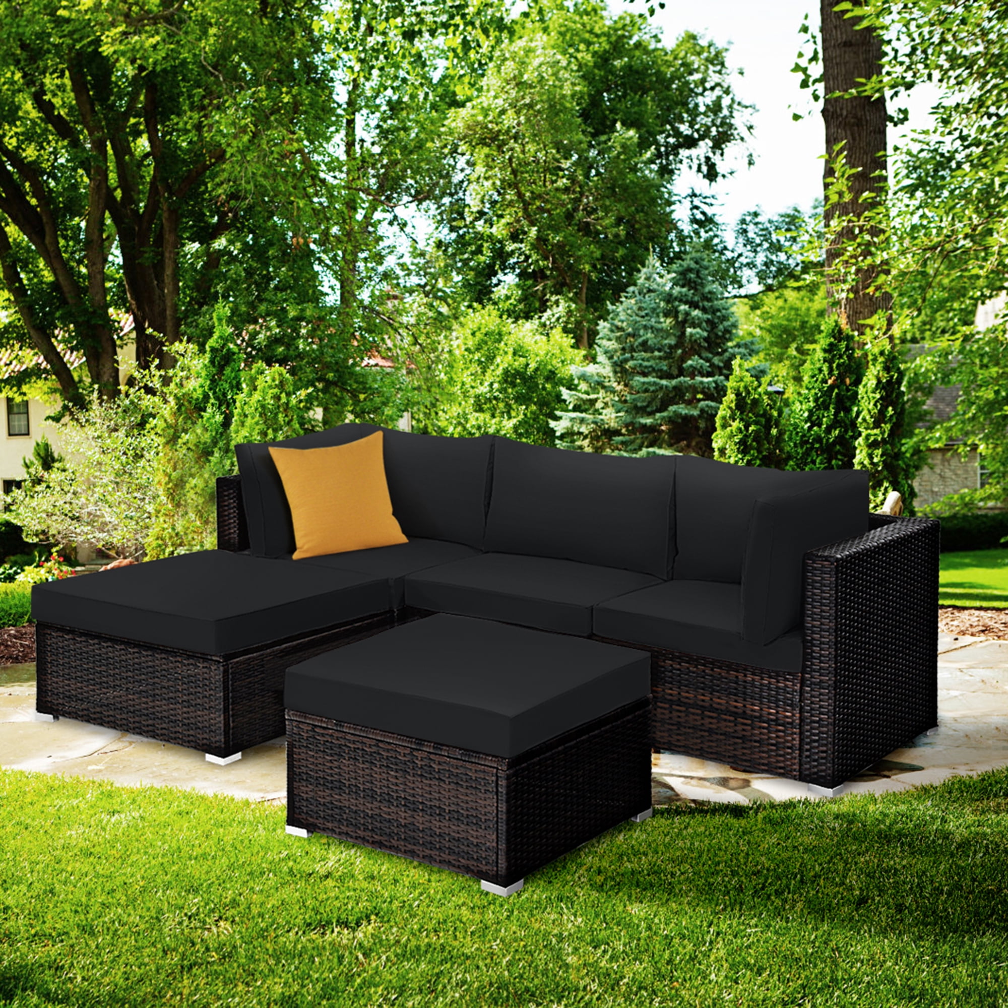 Gymax 5PCS Rattan Patio Conversation Set Outdoor Furniture Set w/ Black Cushions