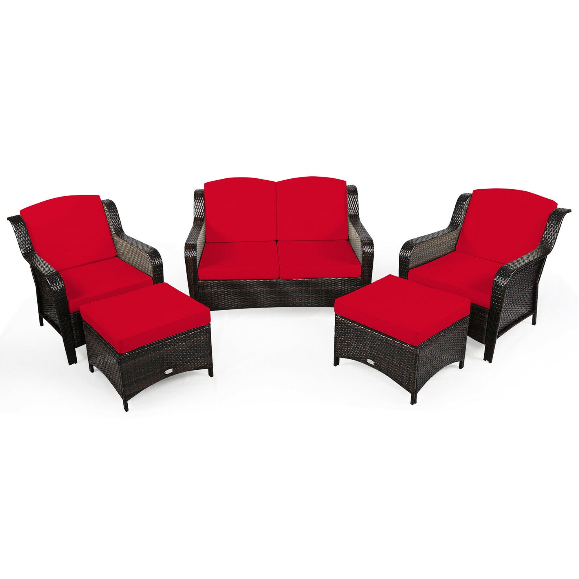 Gymax 5PCS Rattan Patio Conversation Sofa Furniture Set Outdoor w/ Red Cushions