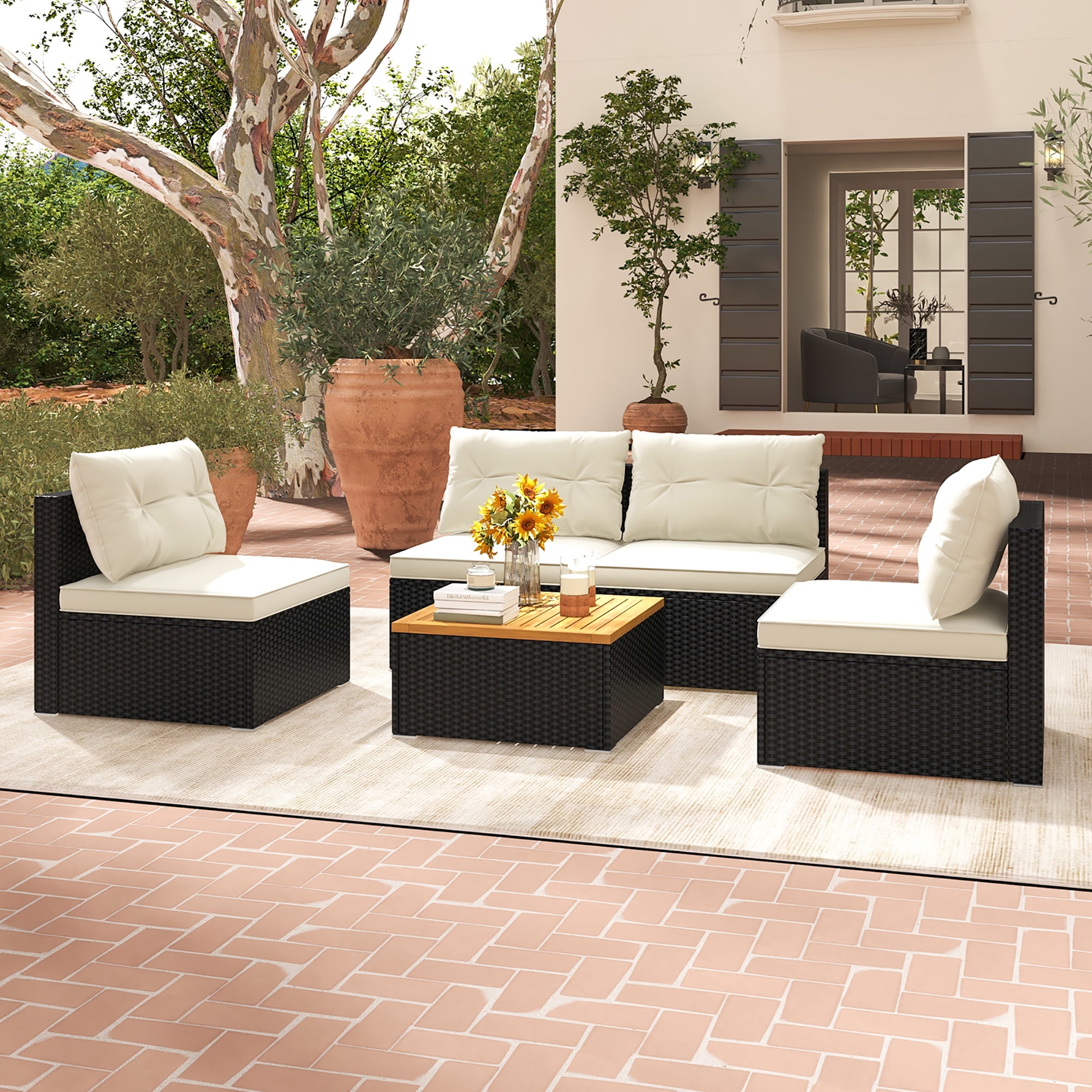 Gymax 5PCS Rattan Patio Conversation Sofa Set Outdoor Furniture Set w/ Off White Cushions