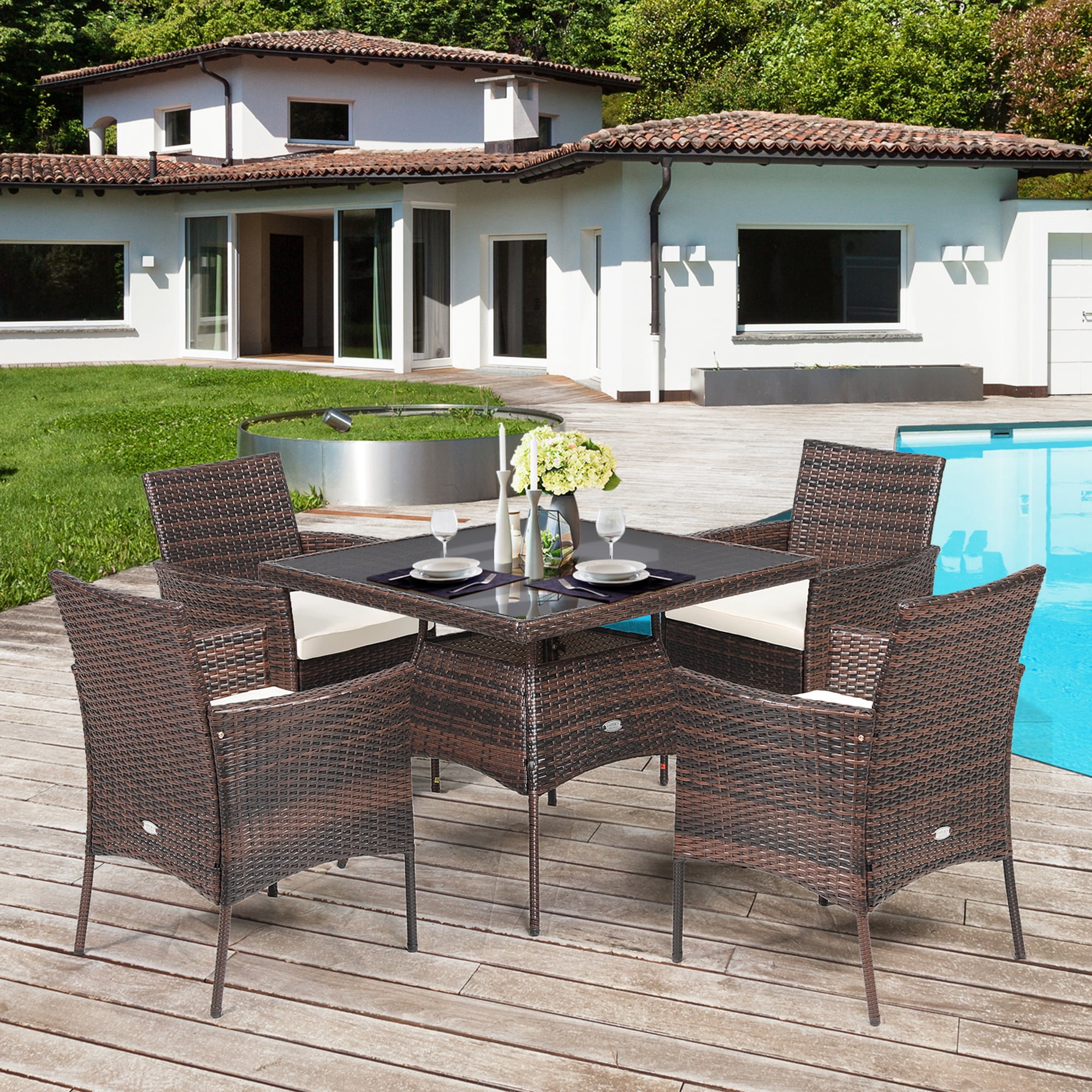 Gymax 5PCS Rattan Patio Dining Table Set Outdoor Furniture Set w
