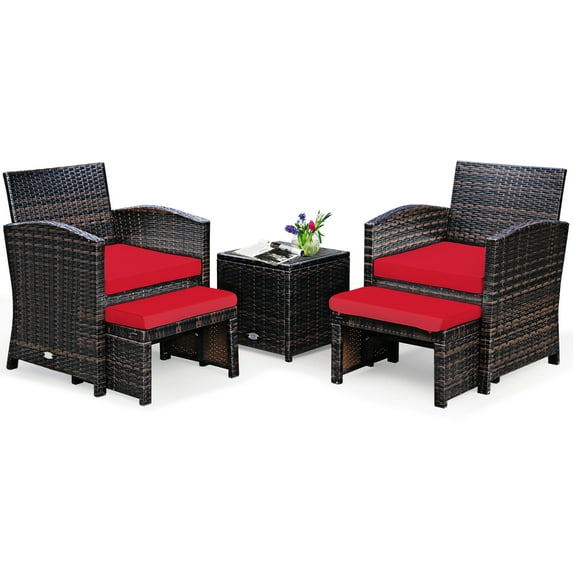 Gymax 5PCS Rattan Patio Furniture Set Chair & Ottoman Set w/ Red Cushions