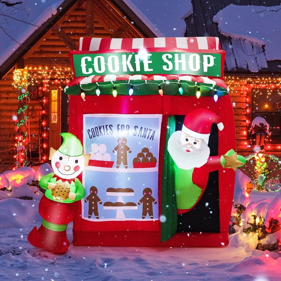 Gymax 6.3FT Self Inflatable Santa Claus Cookie Shop Christmas Decoration w/ Colorful Lights