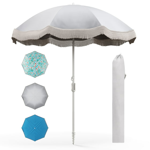 Gymax 6.5 FT Beach Umbrella w/ Fringe Tassel Umbrella w/ Push Button Tilt Sand Anchor Cream White
