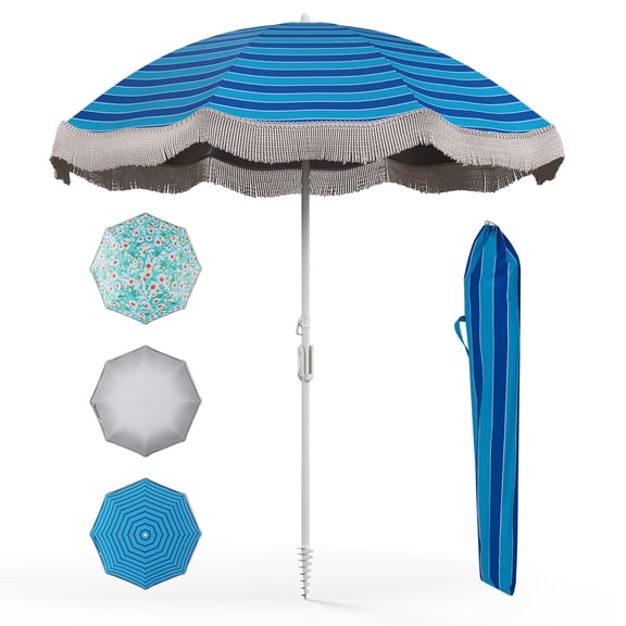 Gymax 6.5 FT Beach Umbrella w/ Fringe Tassel Umbrella w/ Push Button Tilt Sand Anchor Navy Blue