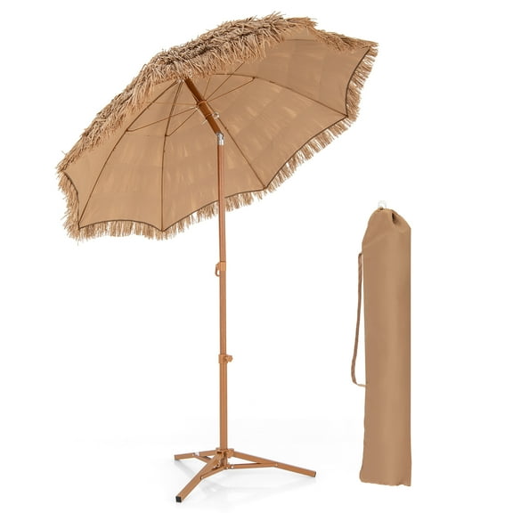 Gymax 6.5 FT Thatched Tiki Umbrella w/ Foldable Stand Hawaiian Style Beach Umbrella Natural