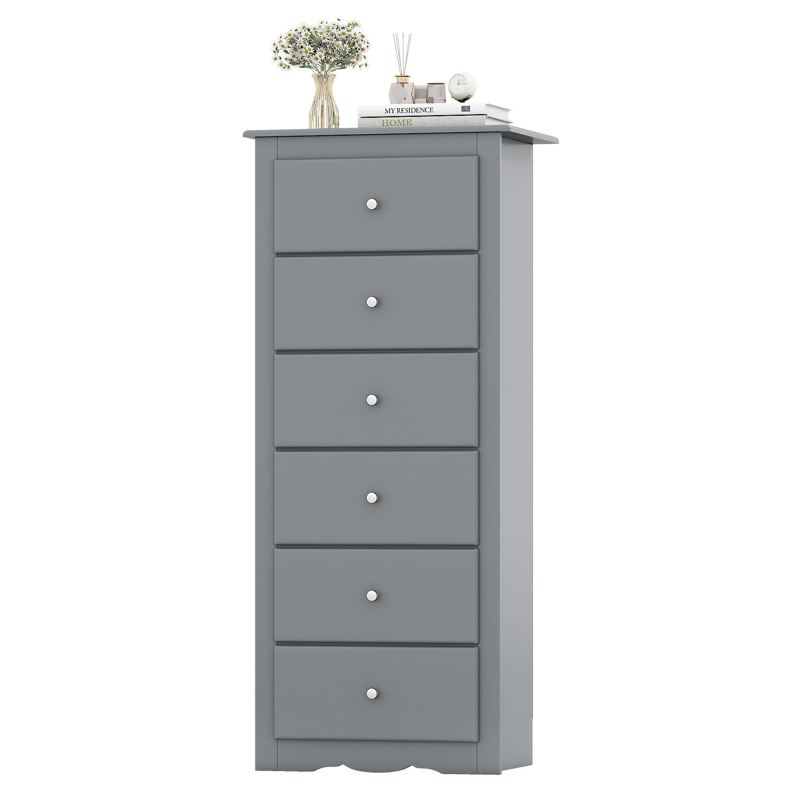 Gymax 6 Drawer Dresser Tall Wooden Chest of Drawers w/ Metal Drawer Guide  Rails Grey