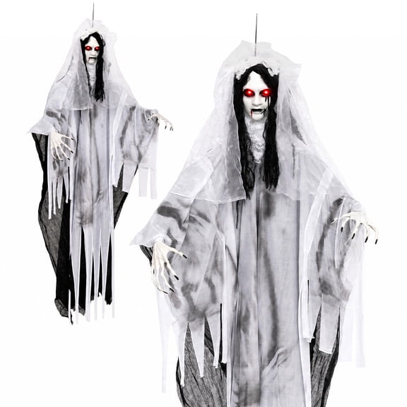 Gymax 6 FT Animated Ghost Bride Halloween Decoration w/Creep Sound & Lighted Eyes Black & White