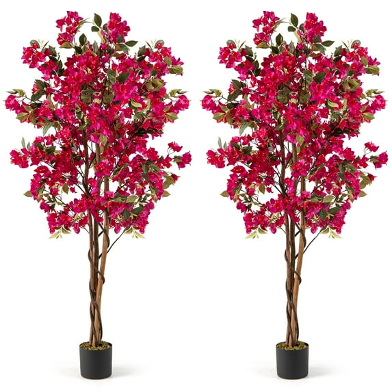 Gymax 6 FT Artificial Bougainvillea Tree Set of 2 Tall Faux Pre-potted Tree w/ 910 Flowers