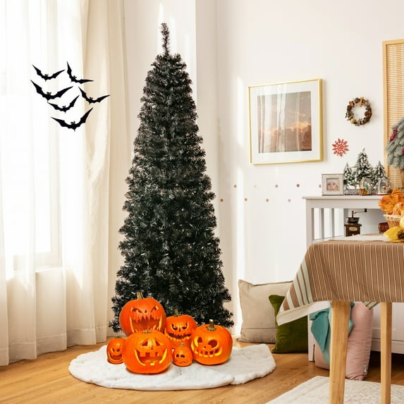 Gymax 6 FT Artificial PVC Slim Pencil Christmas Tree Pre-lit Black Halloween Tree