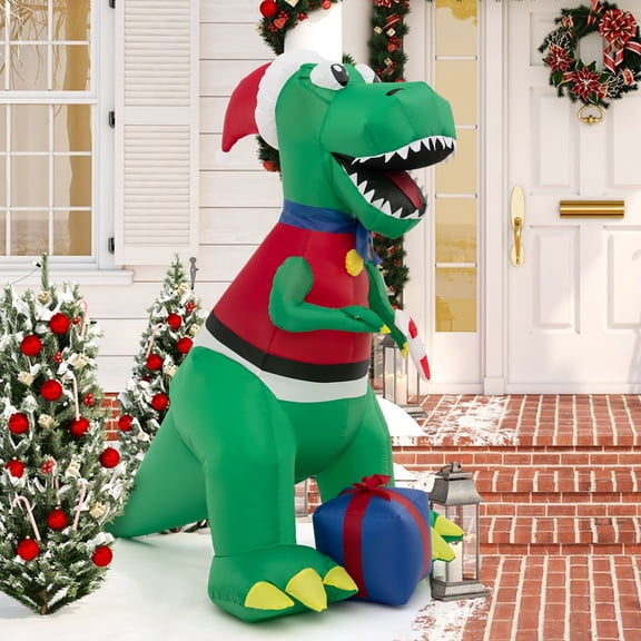Gymax 6 FT Inflatable Christmas Dinosaur with Gift Blow Up Christmas Decoration w/ LED Lights