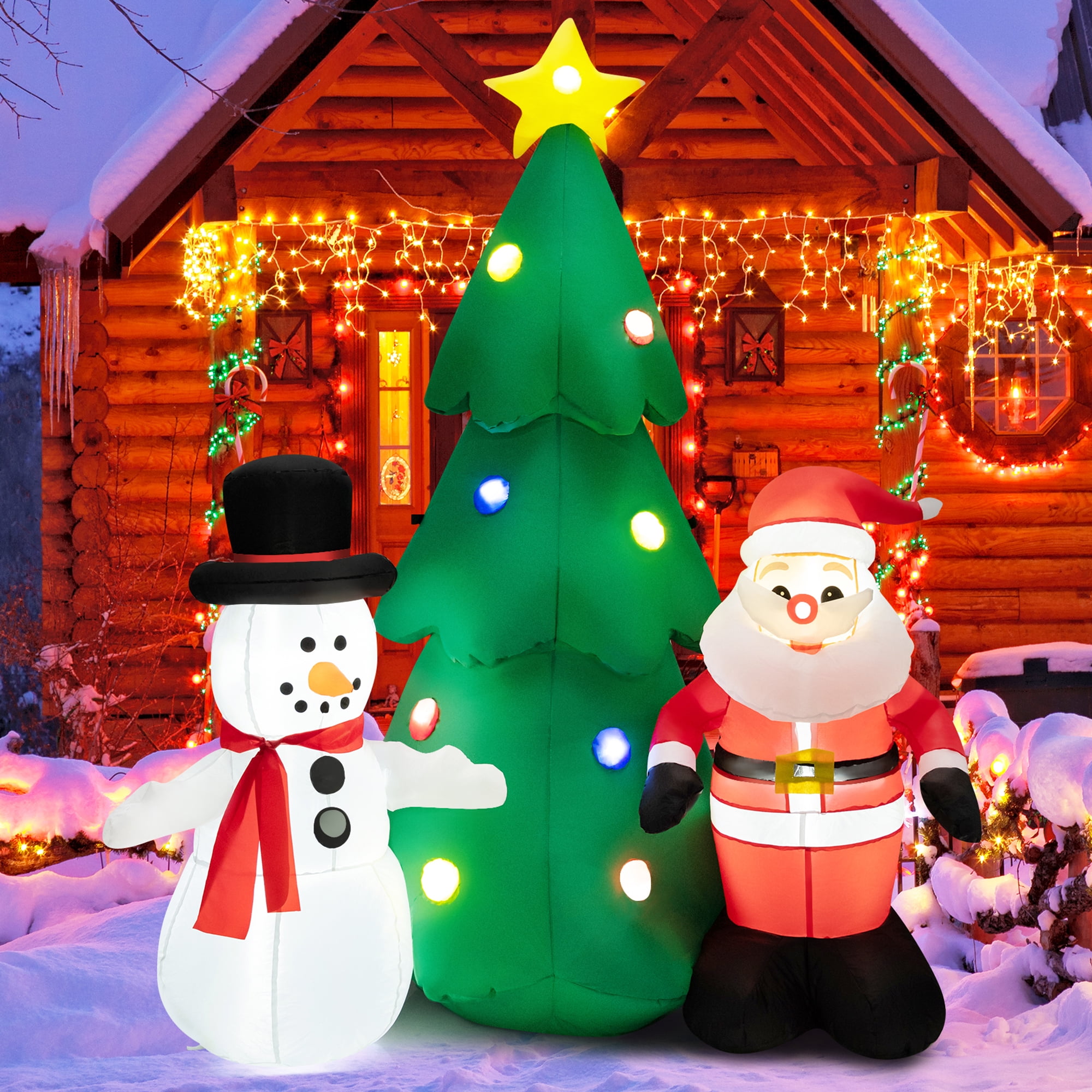 Gymax 6 FT Inflatable Christmas Tree Santa Claus & Snowman Yard Decor w/ Led Lights