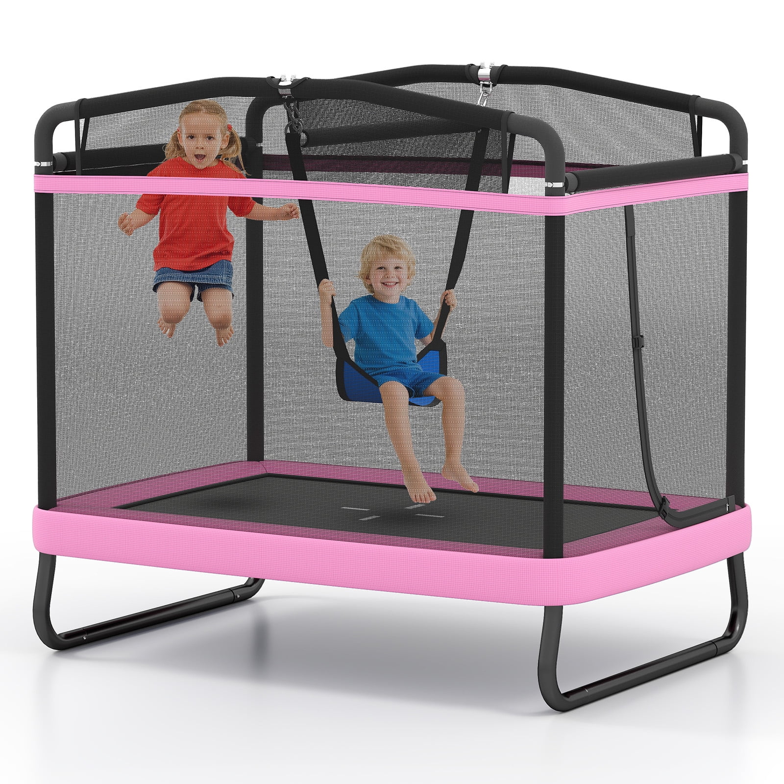 Gymax 6 FT Kids Trampoline w/Swing & Horizontal Bar Safety Enclosure Net Pink