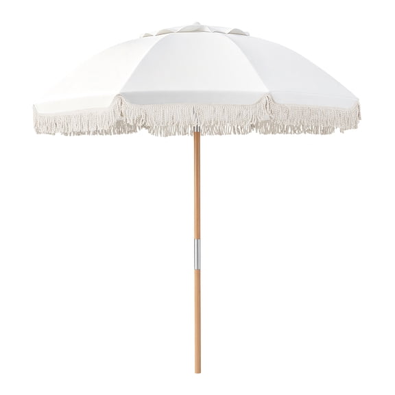Gymax 6 FT Patio Umbrella w/Fringe Tassel Market Table Umbrella w/Push Button Tilt White