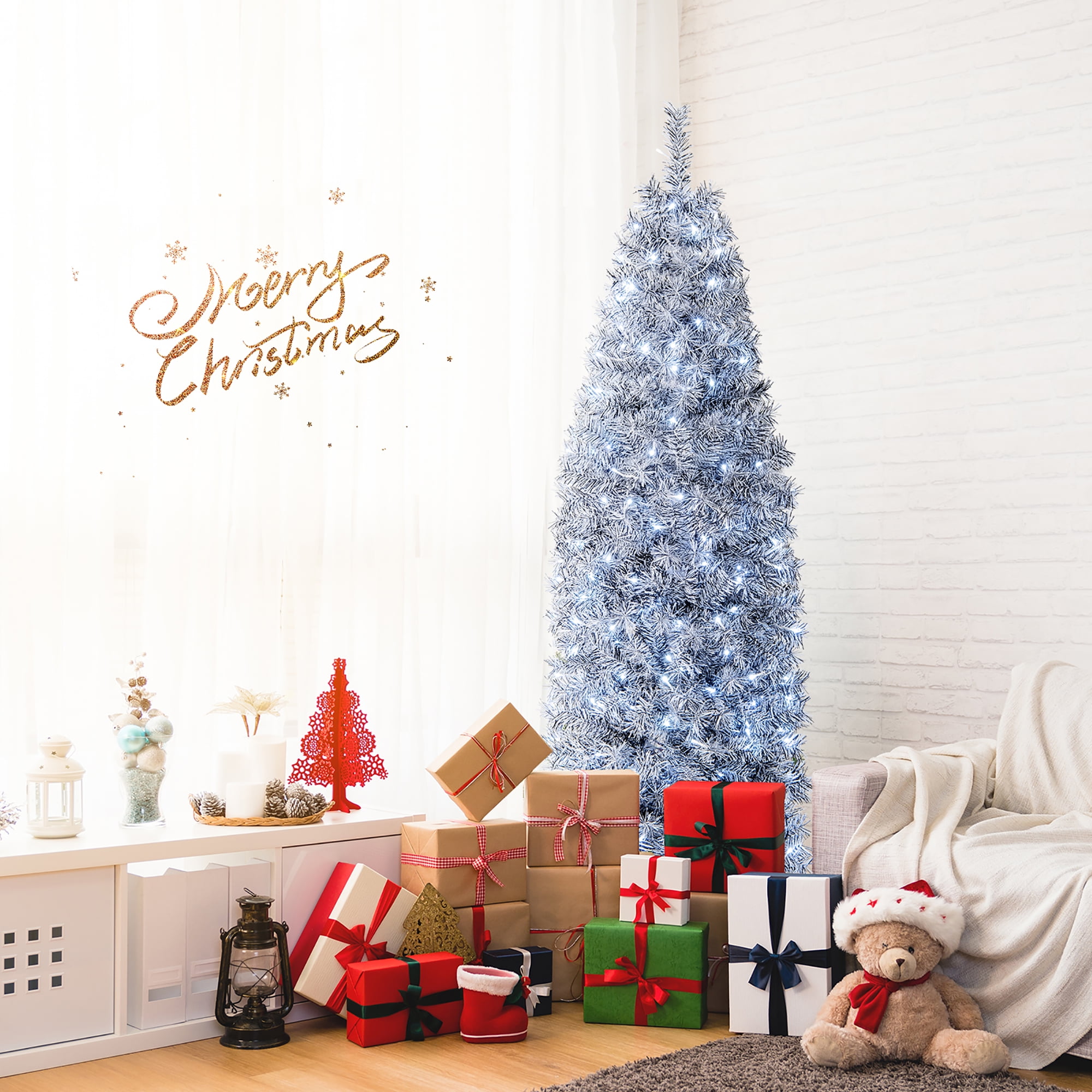 Gymax 6 FT Slim Pencil Christmas Tree, Pre-Lit White and Black Leaves, 250 LED  Lights - Walmart.com, image size:2000x2000