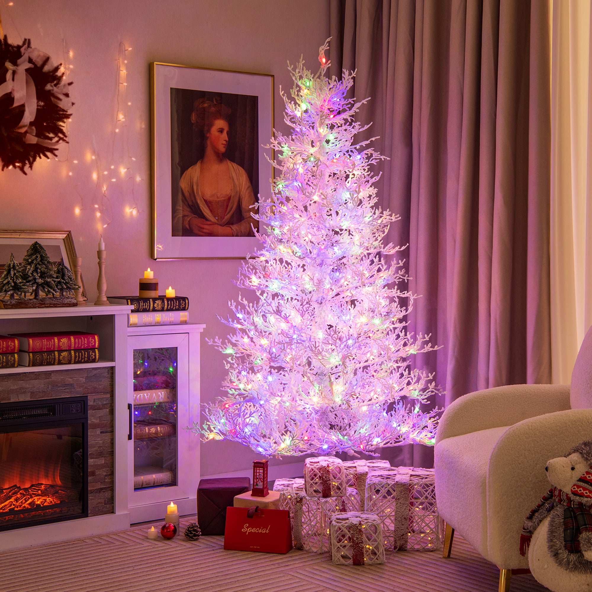 Gymax 6 FT PreLit Artificial Christmas Tree White Hinged Xmas Tree w/ 383 SnowFlocked Tips