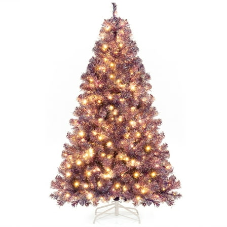 Gymax 6 FT Pre-Lit Tinsel Christmas Tree Artificial Xmas Tree w/ 688 Lush Branch Tips Deep Purple