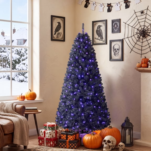 Gymax 6 FT Pre-Lit Black Halloween Christmas Tree Full Artificial Hinged Tree