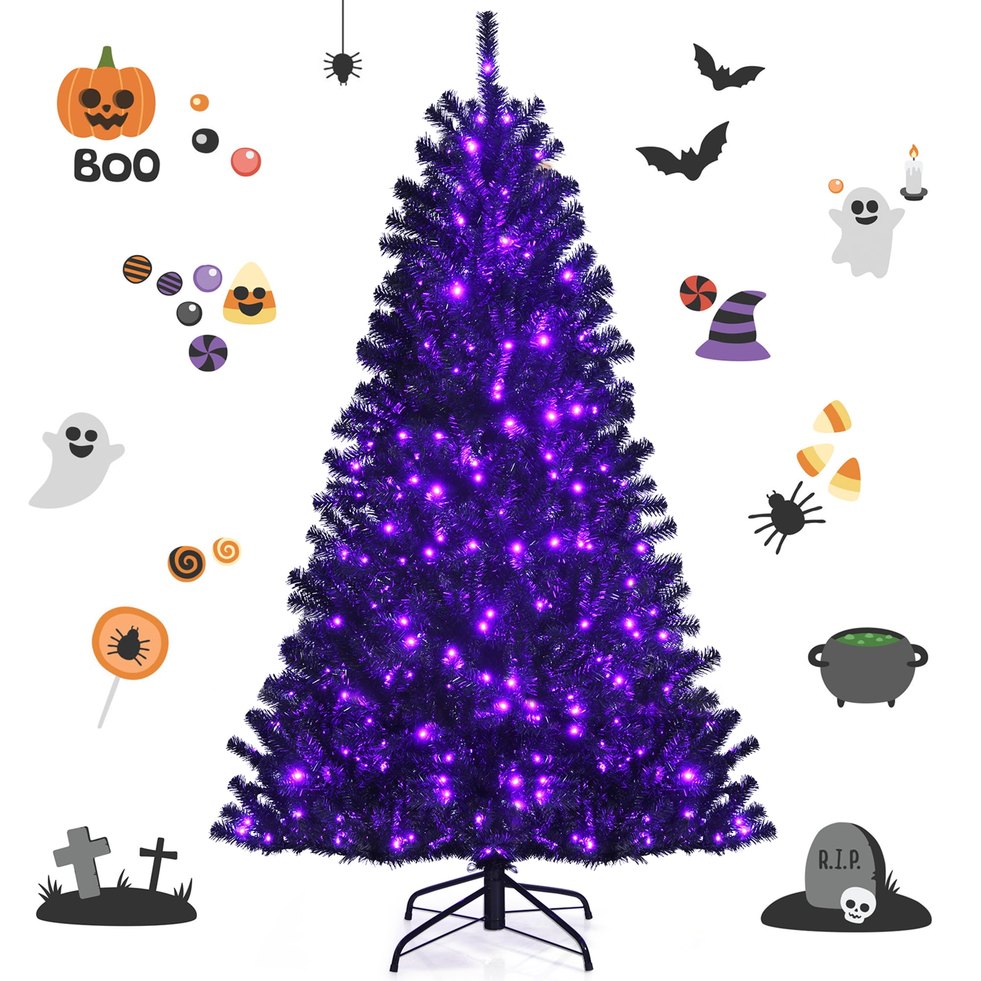 Gymax 6 FT Pre-lit Black Halloween Tree Artificial Hinged Christmas ...