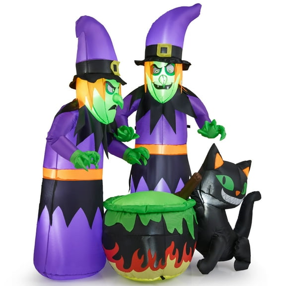 Gymax 6 Ft Inflatable Halloween Witches Blow up 2 Scary Witch w/Black Cat & Cauldron