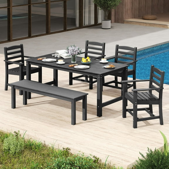 Gymax 6 PCS Patio Dining Bench Set Outdoor HDPE Weather Resistant Table & Chairs Set Black