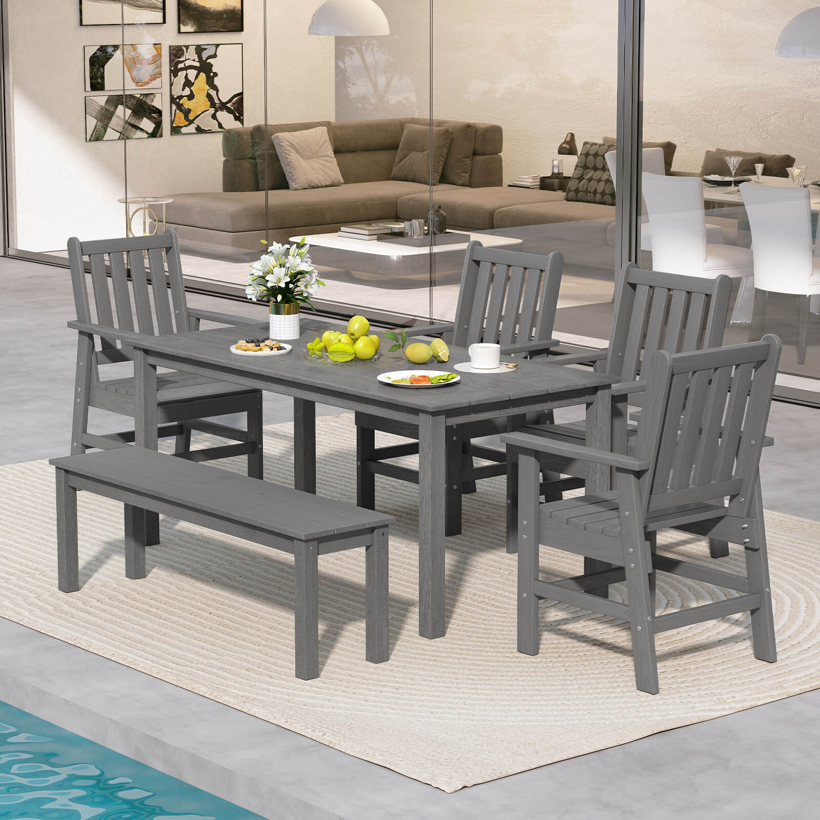 Gymax 6 PCS Patio Dining Bench Set Outdoor HDPE Weather Resistant Table ...