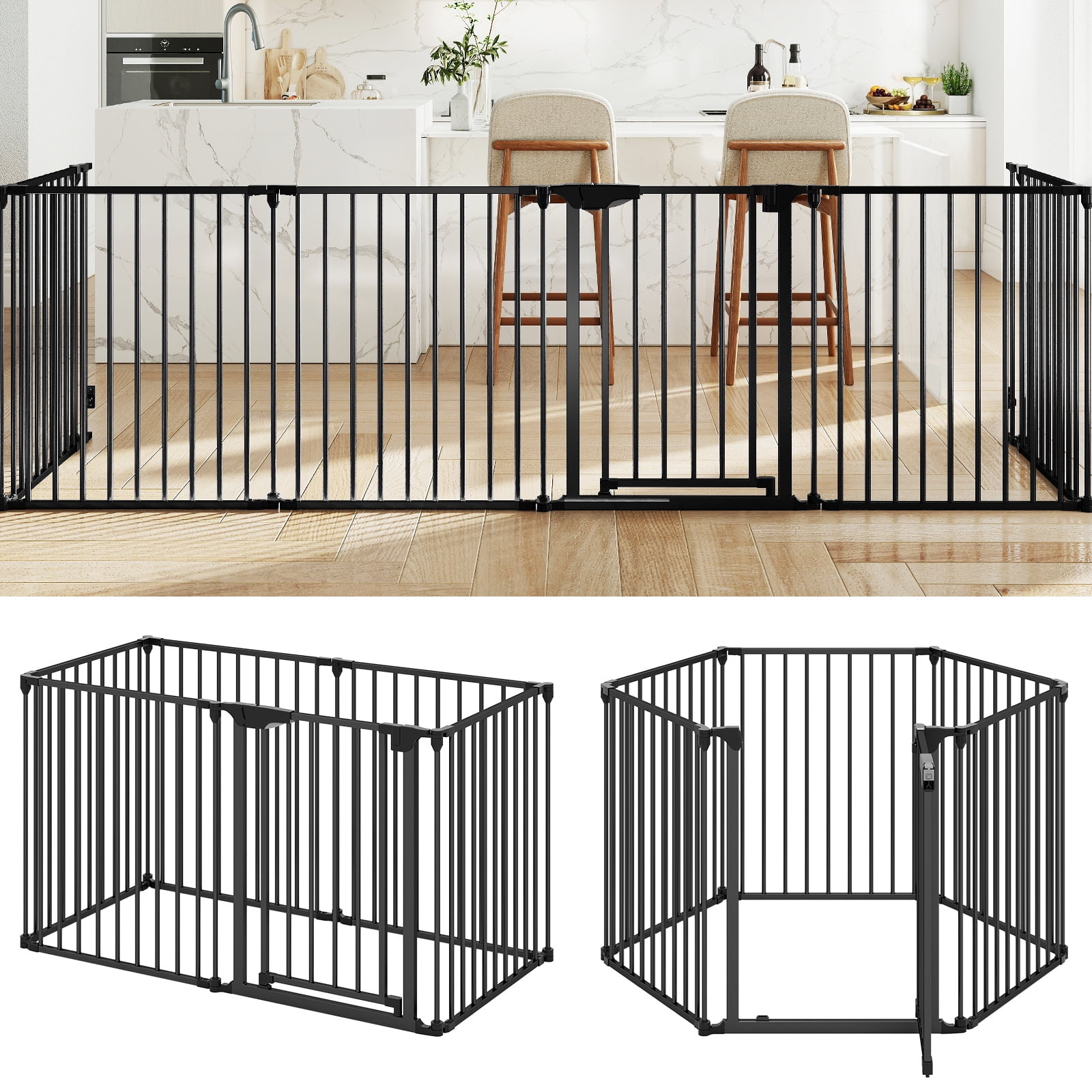 Gymax 6-Panel Adjustable Pet Safety Fence w/Auto-close Door & Double Locking System Black