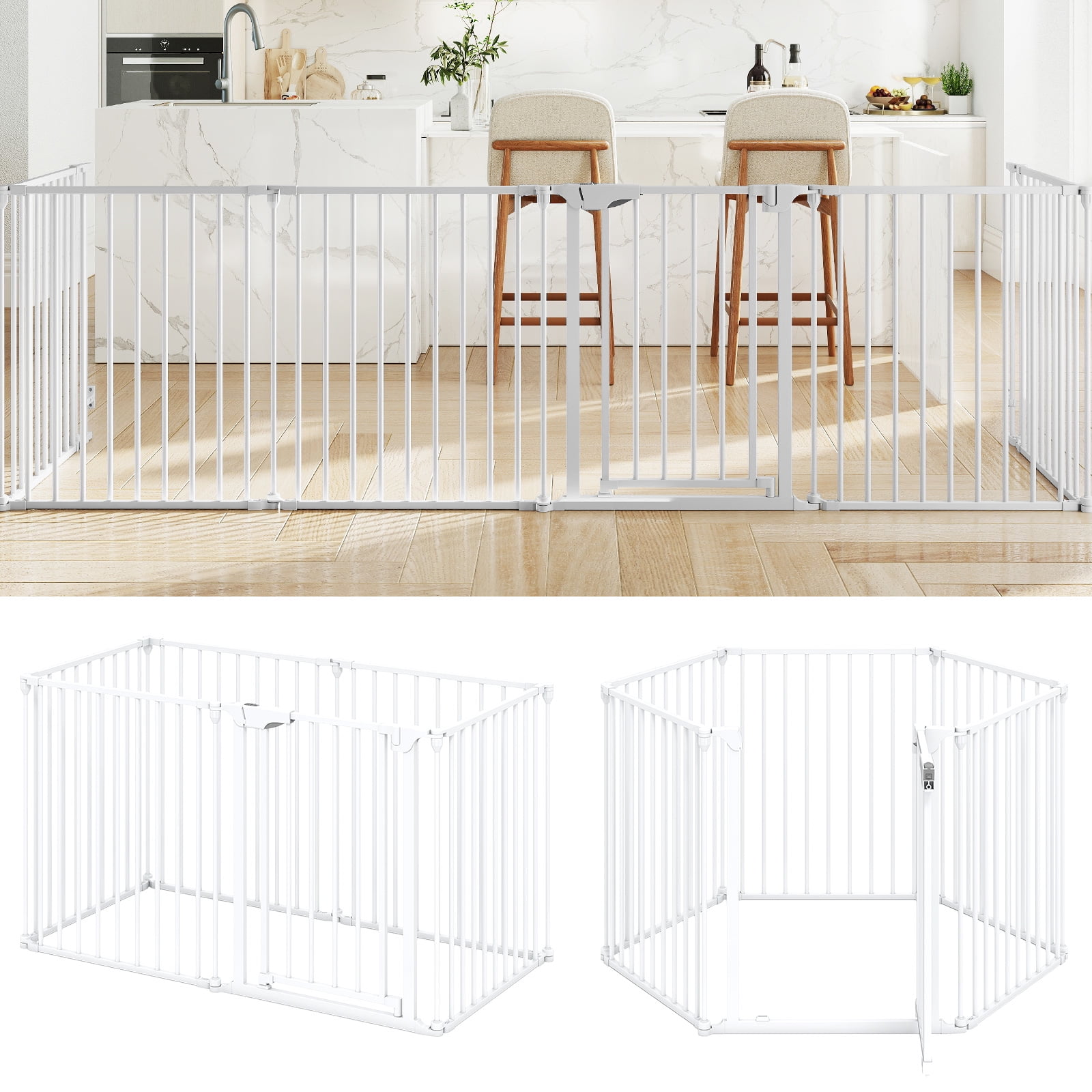 Gymax 6-Panel Adjustable Pet Safety Fence w/Auto-close Door & Double Locking System White