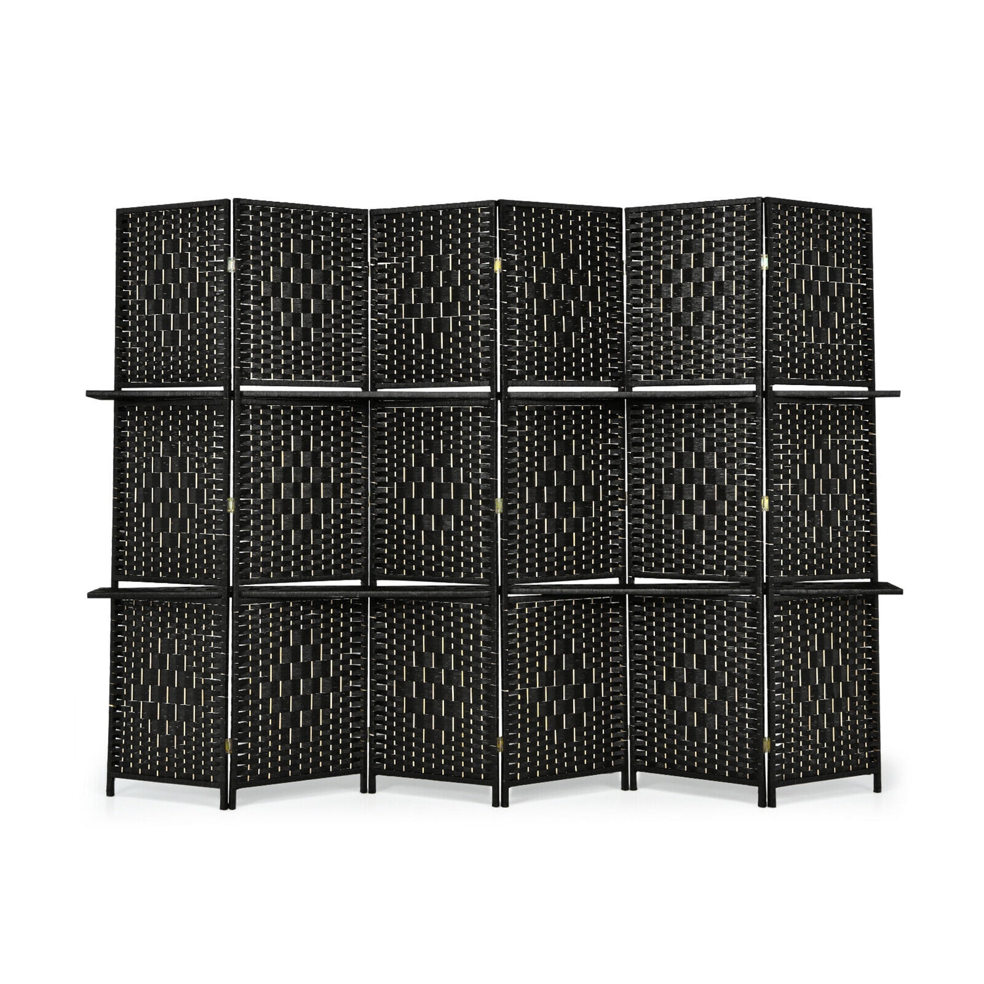 Gymax 6 Panel Folding Room Divider 6Ft Weave Fiber Privacy Screen W/ 2 Display Shelves Black