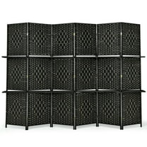 Gymax 6 Panel Folding Room Divider 6Ft Weave Fiber Screen W/ 2 Display Shelves Black