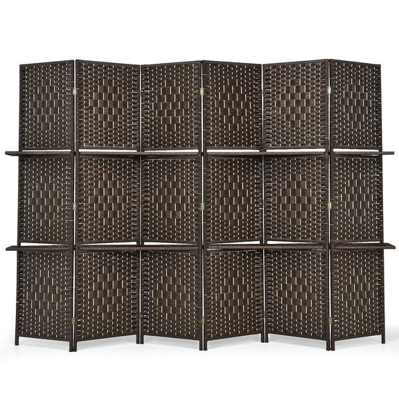 Gymax 6 Panel Folding Room Divider 6Ft Weave Fiber Screen W/ 2 Display Shelves Brown